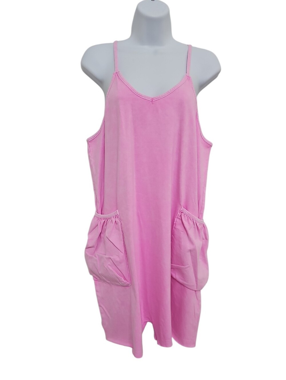 Zenana Pink Washed Tank Romper Dress Size L Cotton Pockets New